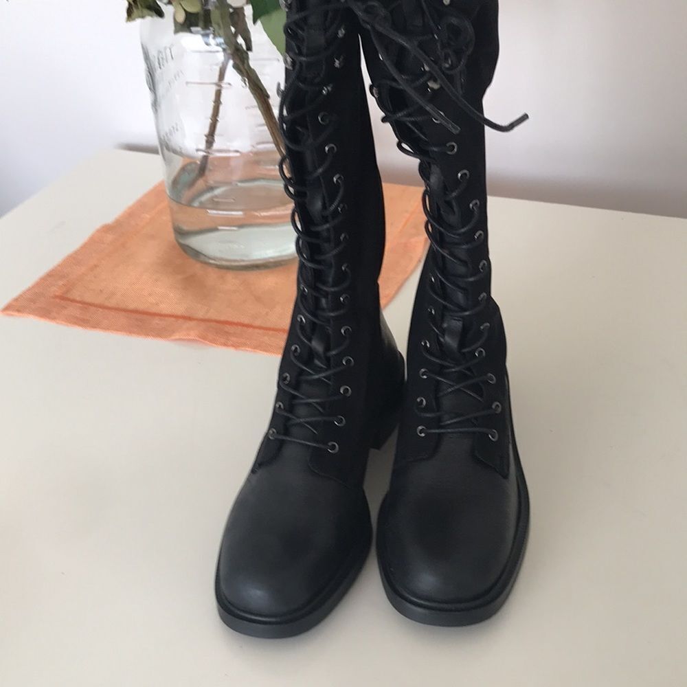 Free People Trickum Black Leather Mesh Knit Zip Tall Boots size 39 - Picture 8 of 15
